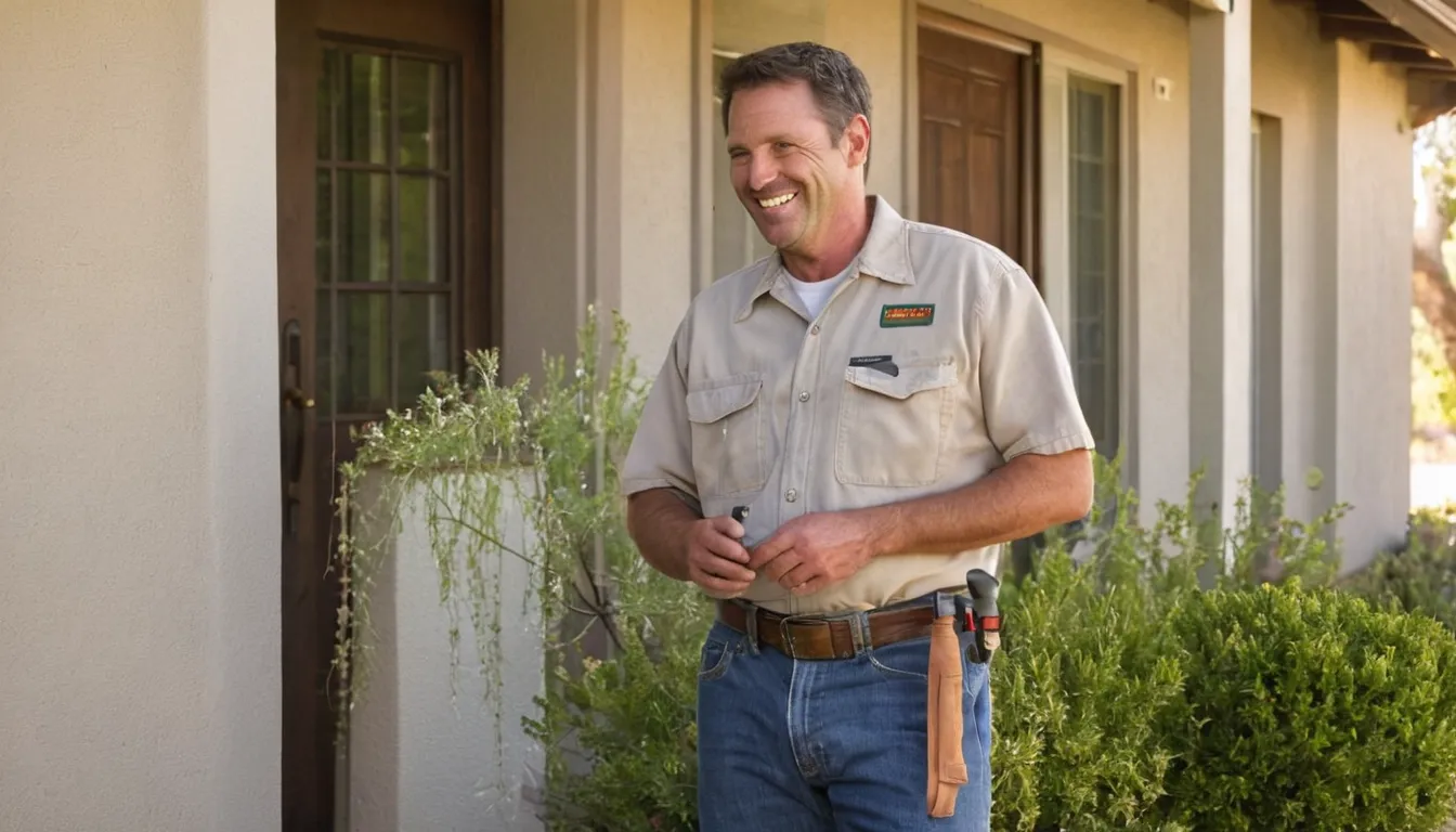 A friendly provider talking with a homeowner at the front door of a stucco ranch home in San Bernardino